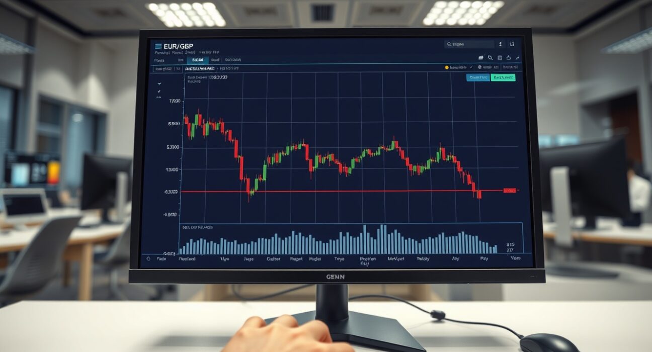EUR/GBP forex chart trending down to 0.8700 on a trading desk monitor, reflecting latest Eurozone and UK services data.
