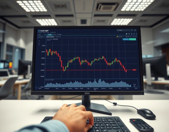EUR/GBP forex chart trending down to 0.8700 on a trading desk monitor, reflecting latest Eurozone and UK services data.