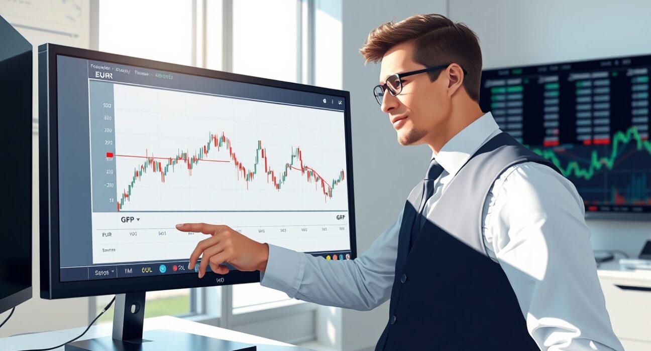 Financial analyst examining EUR/GBP exchange rate charts showing Bank of England policy impact