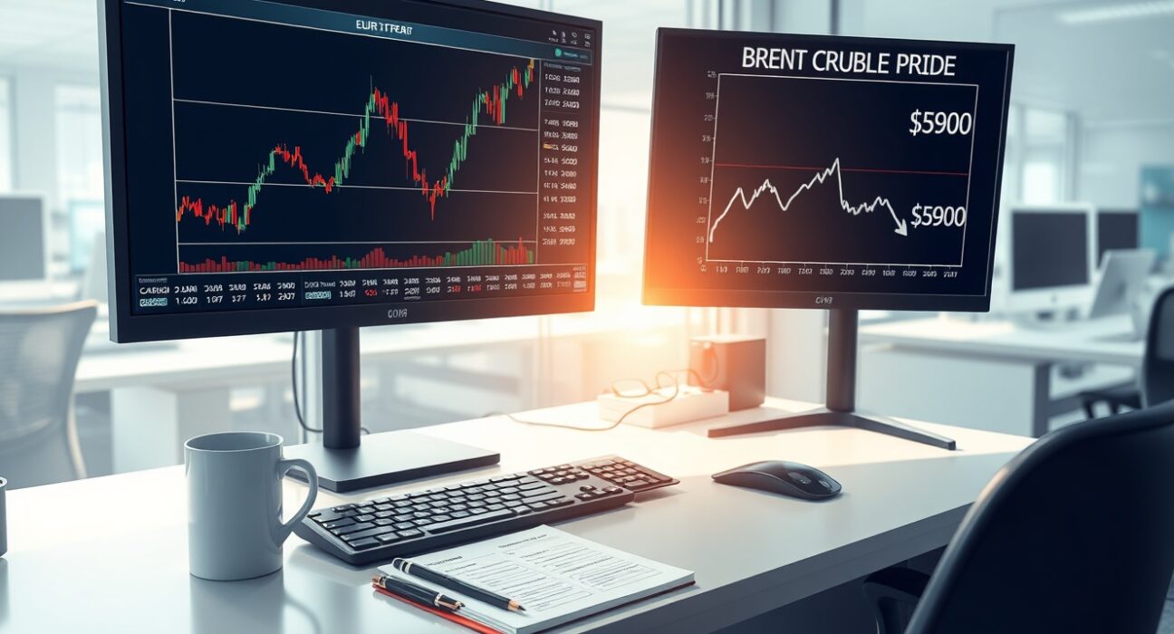 EUR/GBP exchange rate and oil price correlation analysis on financial trading monitors