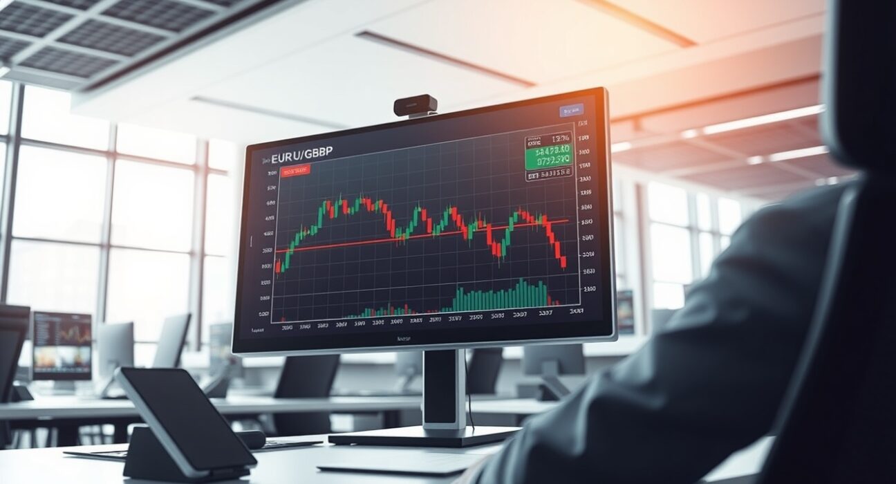 EUR/GBP forex chart showing decline as central banks hold rates during geopolitical uncertainty.