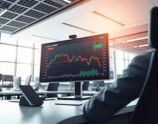 EUR/GBP forex chart showing decline as central banks hold rates during geopolitical uncertainty.