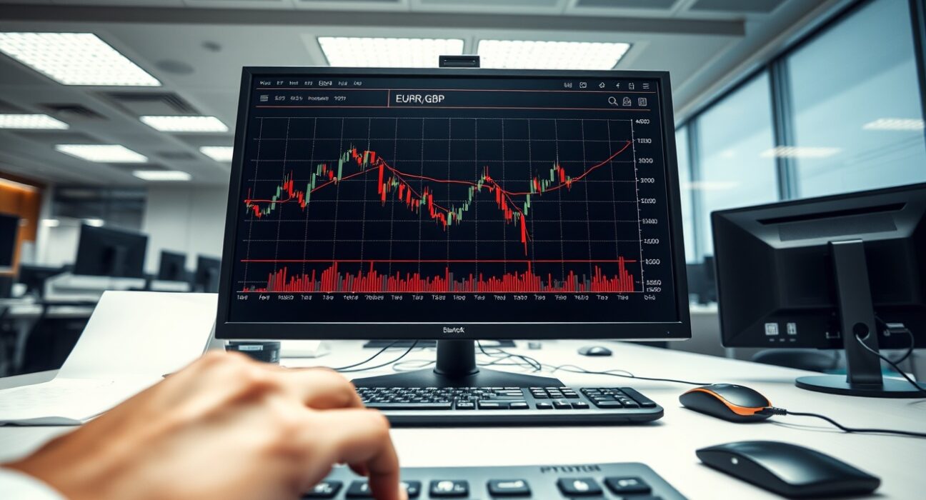 EUR/GBP exchange rate chart showing decline on trading desk monitor