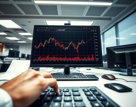 EUR/GBP exchange rate chart showing decline on trading desk monitor