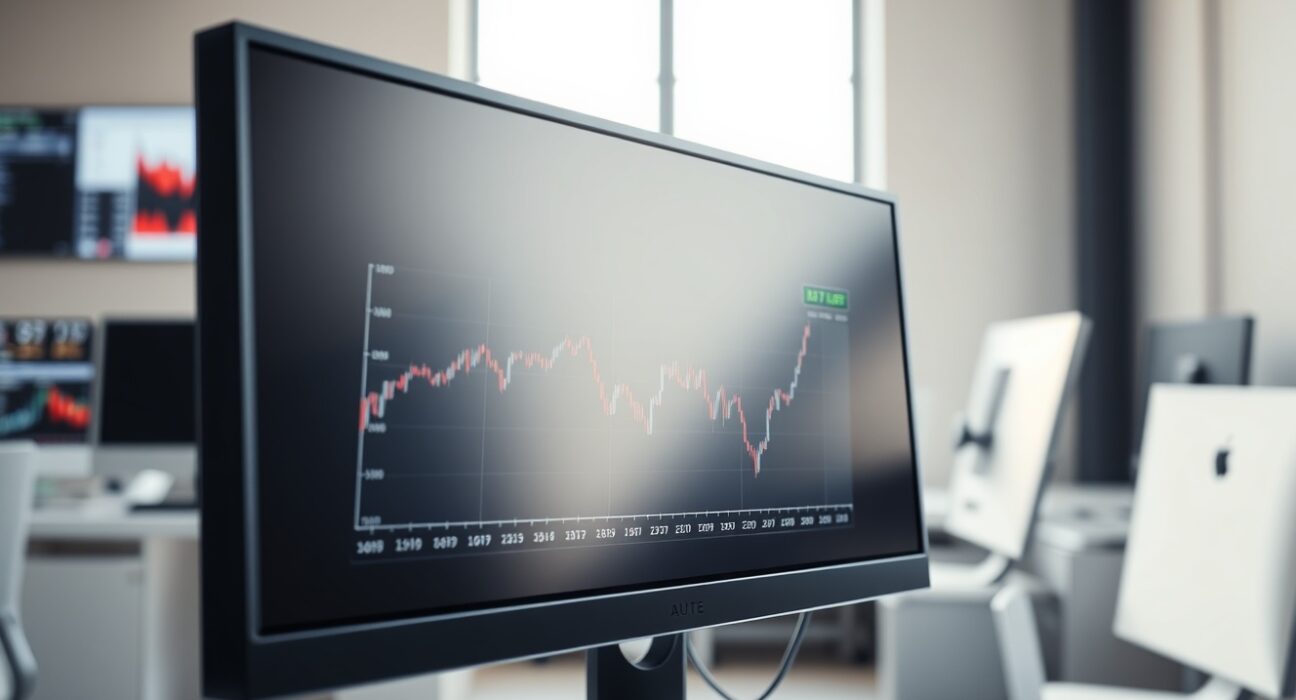 EUR/GBP exchange rate chart showing a slight dip on a financial trading desk monitor.