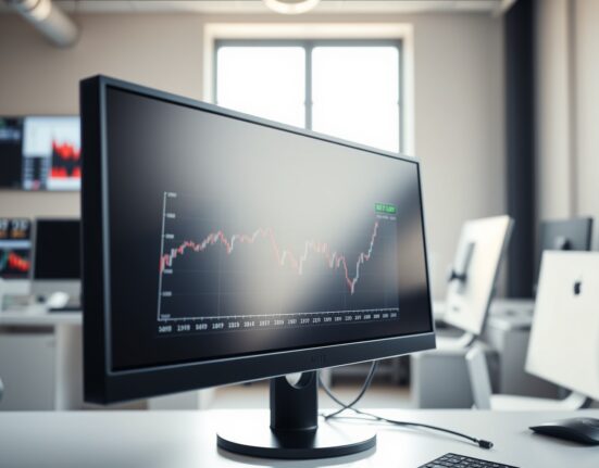 EUR/GBP exchange rate chart showing a slight dip on a financial trading desk monitor.