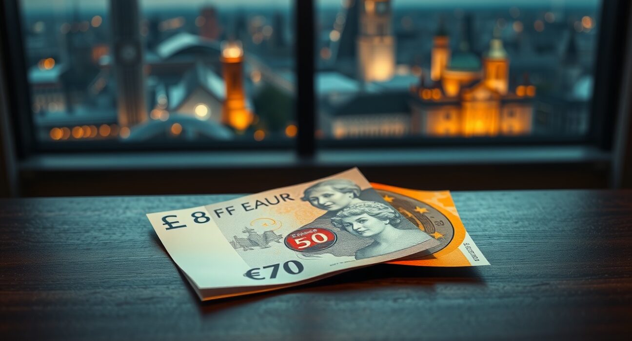 EUR/GBP currency pair analysis: Pound Sterling and Euro banknotes on desk, representing the ECB and BoE meetings in focus.