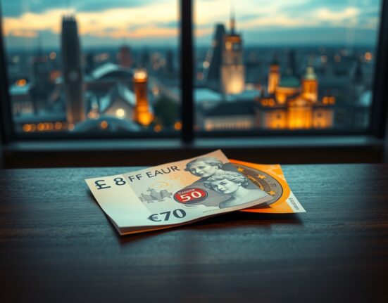 EUR/GBP currency pair analysis: Pound Sterling and Euro banknotes on desk, representing the ECB and BoE meetings in focus.