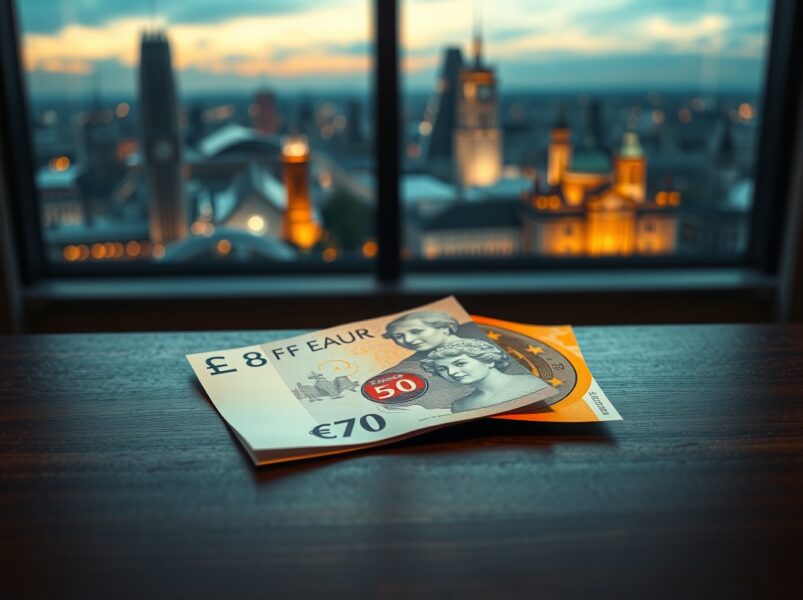 EUR/GBP currency pair analysis: Pound Sterling and Euro banknotes on desk, representing the ECB and BoE meetings in focus.