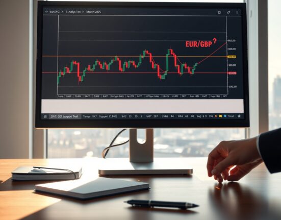EUR/GBP technical analysis chart showing critical support levels on a trading monitor in a financial office.