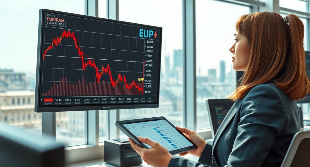Financial analyst monitoring EUR/GBP currency pair decline amid Eurozone economic data deterioration