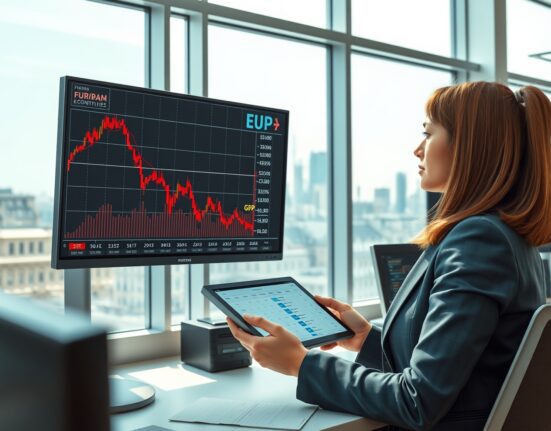 Financial analyst monitoring EUR/GBP currency pair decline amid Eurozone economic data deterioration