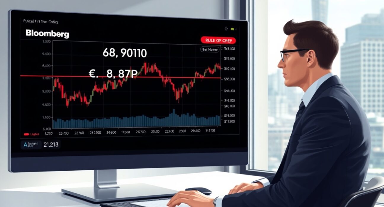 Financial analyst monitoring EUR/GBP exchange rate near 0.8700 on trading terminal