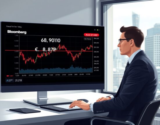 Financial analyst monitoring EUR/GBP exchange rate near 0.8700 on trading terminal