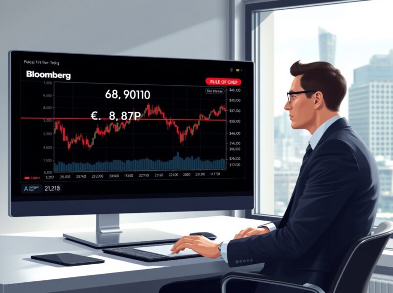 Financial analyst monitoring EUR/GBP exchange rate near 0.8700 on trading terminal