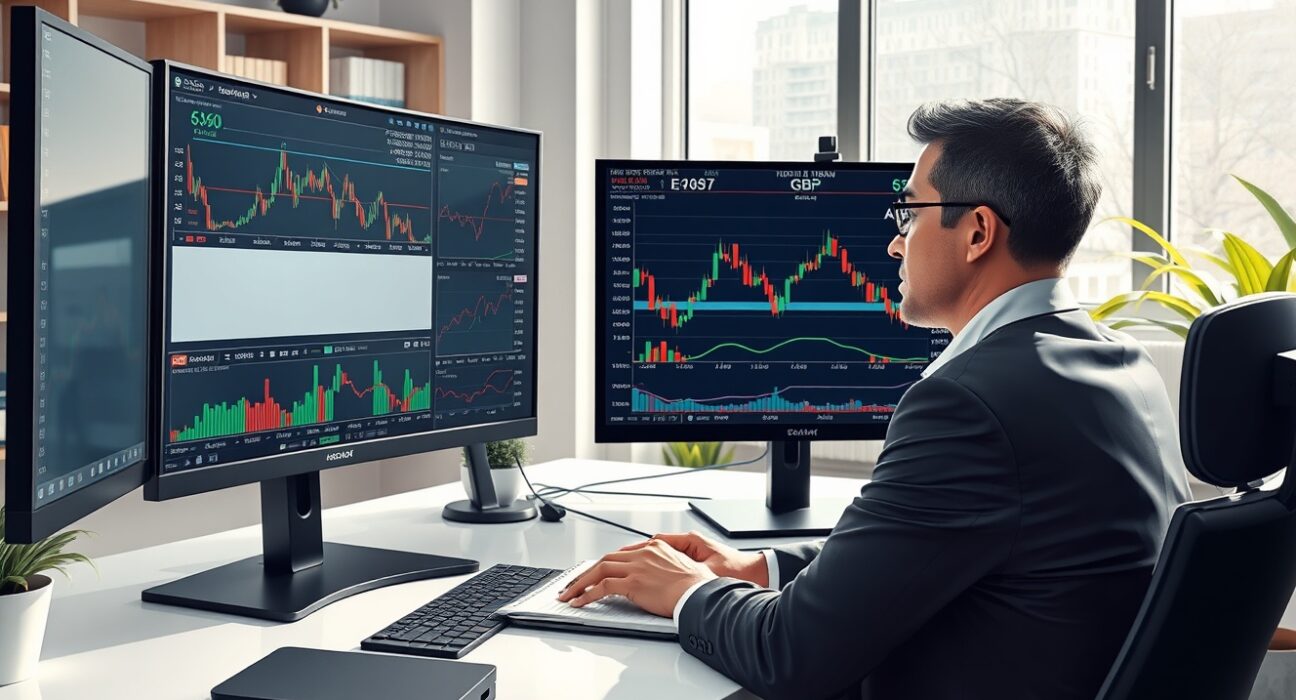 Financial analyst examining EUR/GBP exchange rate charts with Rabobank market analysis data