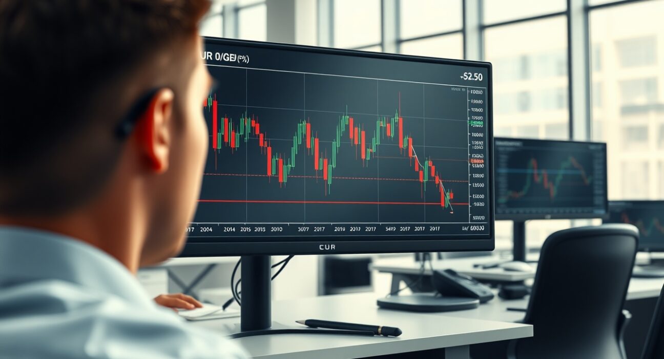EUR/GBP exchange rate chart analysis on a professional trading desk during volatile market conditions.
