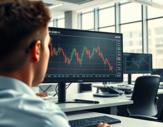 EUR/GBP exchange rate chart analysis on a professional trading desk during volatile market conditions.