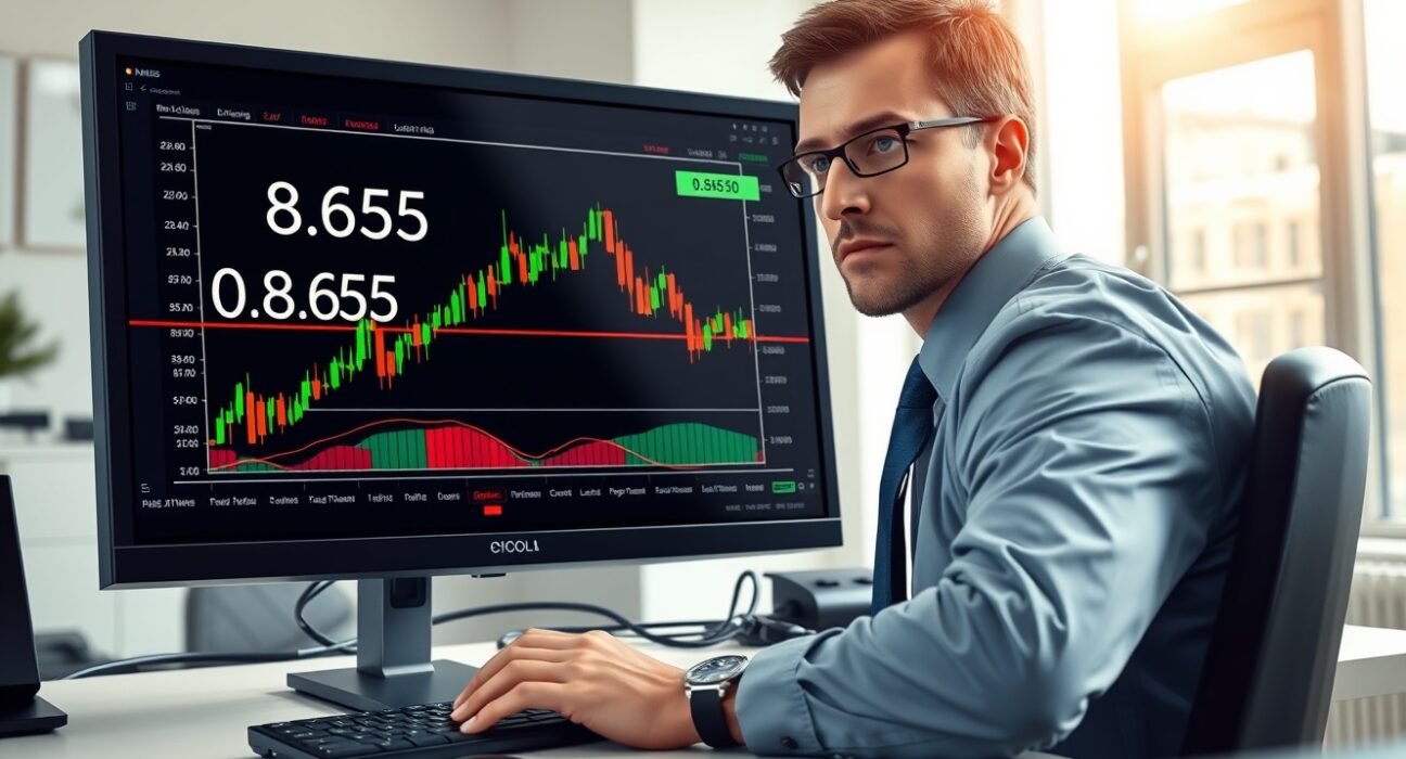Financial analyst monitoring EUR/GBP exchange rate stability at 0.8650 level on trading desk