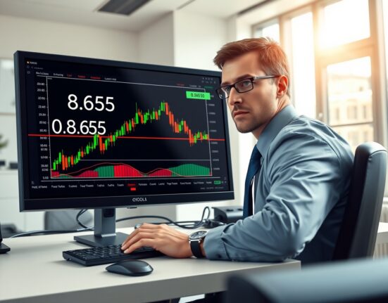 Financial analyst monitoring EUR/GBP exchange rate stability at 0.8650 level on trading desk