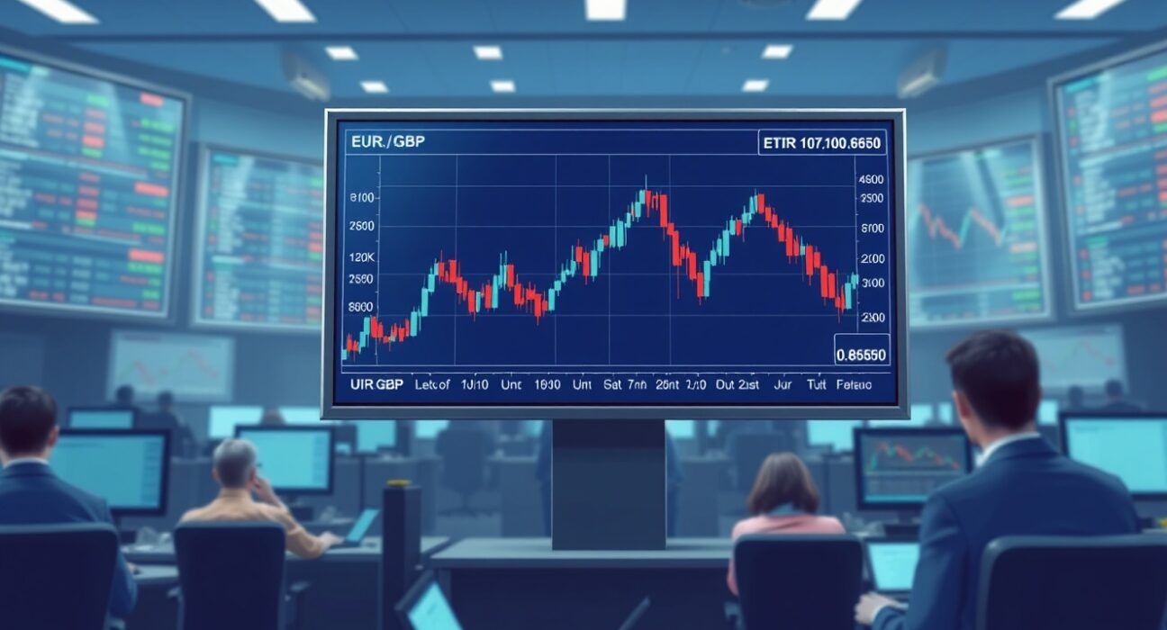 EUR/GBP flat lines above 0.8650 as traders await BoE and ECB rate decisions, with candlestick chart on trading screen.