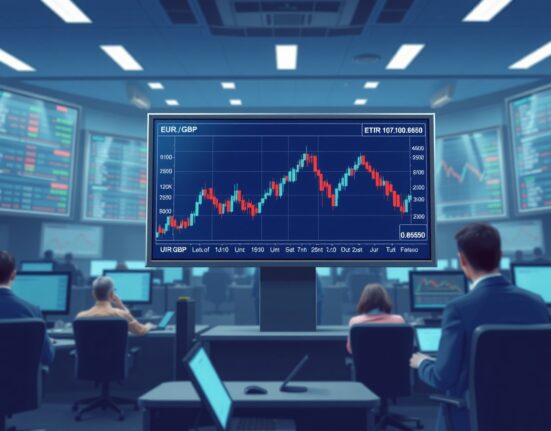 EUR/GBP flat lines above 0.8650 as traders await BoE and ECB rate decisions, with candlestick chart on trading screen.