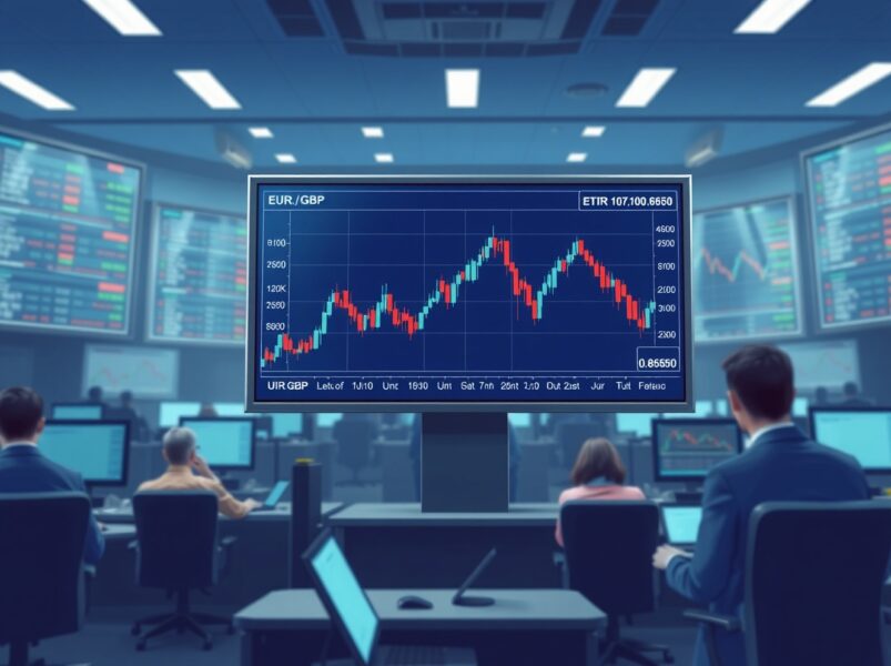 EUR/GBP flat lines above 0.8650 as traders await BoE and ECB rate decisions, with candlestick chart on trading screen.