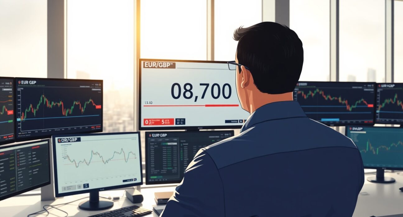 Trader monitoring EUR/GBP exchange rate at 0.8700 ahead of central bank speeches affecting currency forecasts.