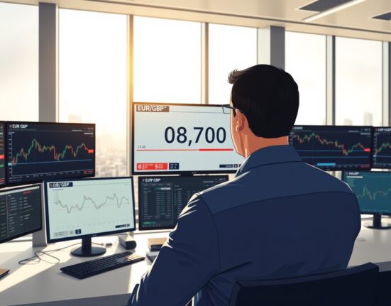 Trader monitoring EUR/GBP exchange rate at 0.8700 ahead of central bank speeches affecting currency forecasts.