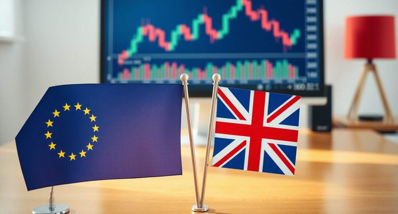 EU and UK flags on desk with EUR/GBP chart on monitor, representing euro sterling exchange rate analysis