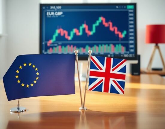 EU and UK flags on desk with EUR/GBP chart on monitor, representing euro sterling exchange rate analysis