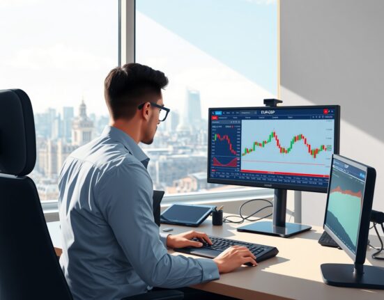 Professional forex analyst studying EUR/GBP exchange rate charts on trading terminal in London financial district.