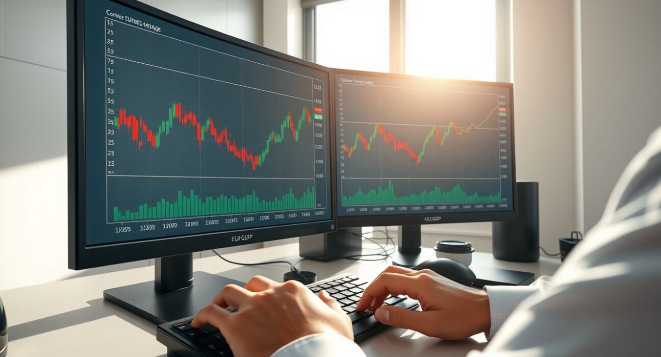 EUR/GBP technical analysis chart showing converging moving averages on trading desk monitors