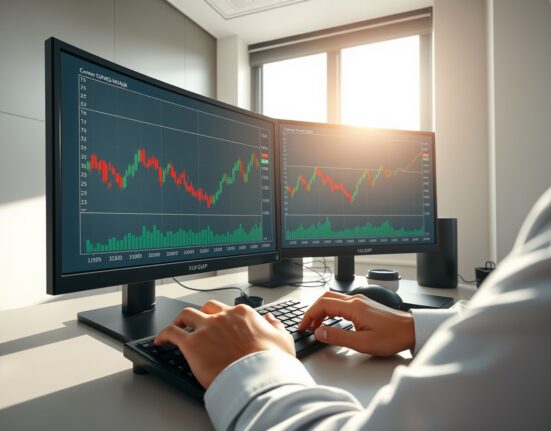 EUR/GBP technical analysis chart showing converging moving averages on trading desk monitors