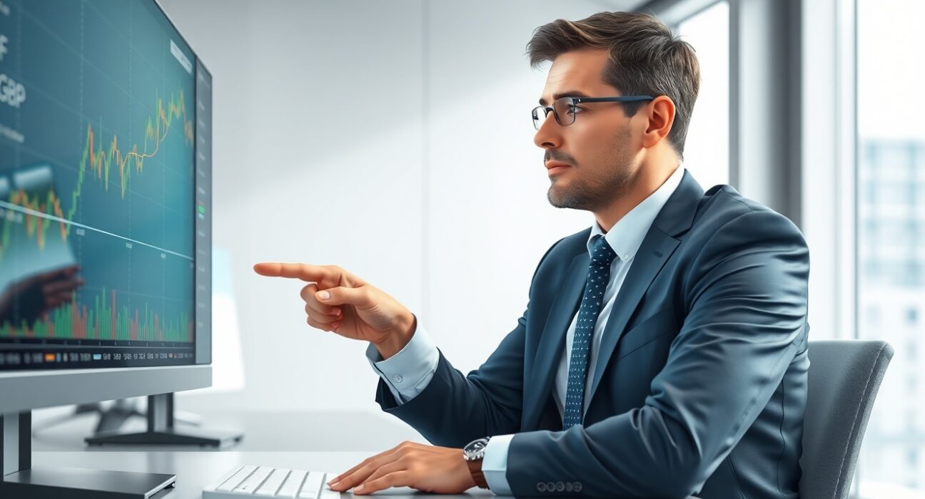 Financial analyst examining EUR/GBP currency chart showing upward trend amid UK economic uncertainty