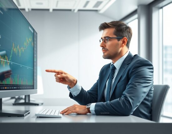 Financial analyst examining EUR/GBP currency chart showing upward trend amid UK economic uncertainty