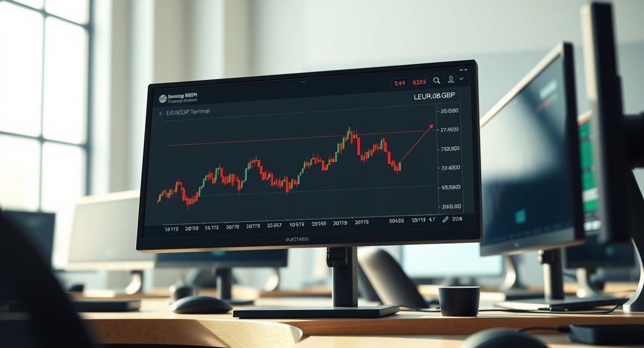 EUR/GBP forex chart analysis on a trading terminal ahead of PMI data releases.