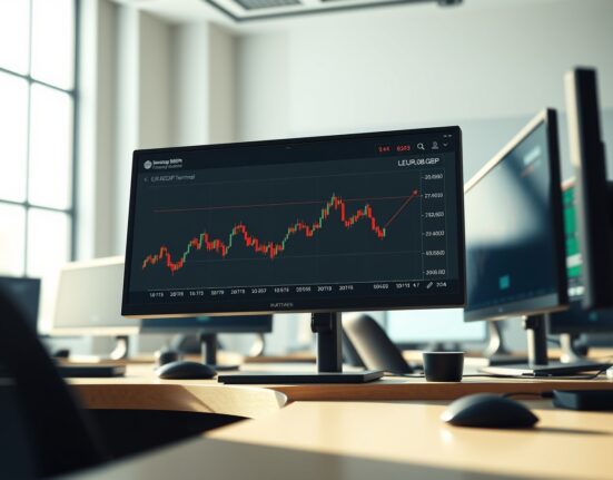 EUR/GBP forex chart analysis on a trading terminal ahead of PMI data releases.