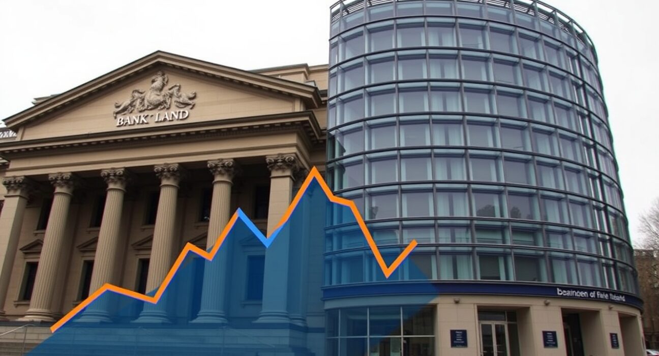 EUR/GBP analysis chart with Bank of England and European Central Bank buildings representing hawkish BoE repricing offsetting UK political risk