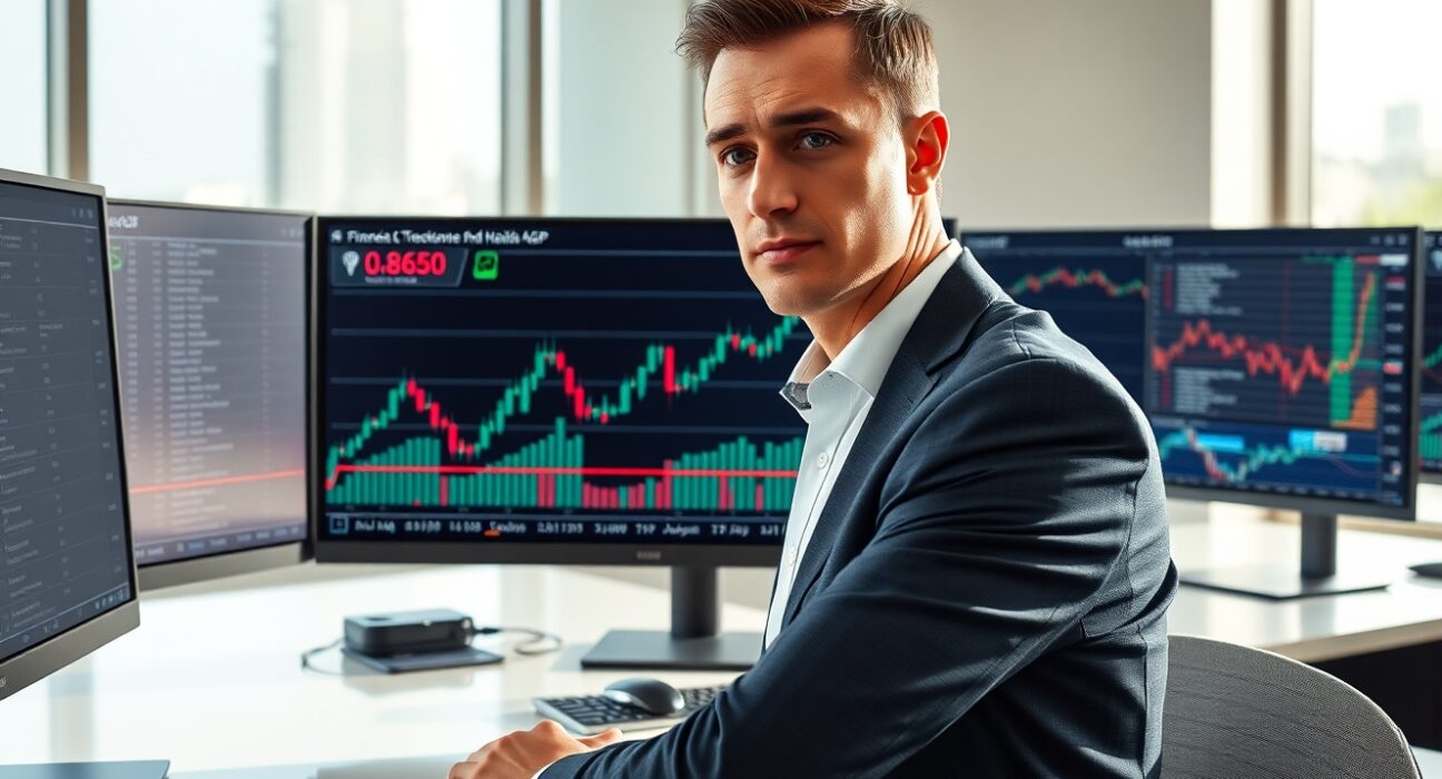 Trader analyzing EUR/GBP forex chart showing strength above 0.8650 level following ECB comments.