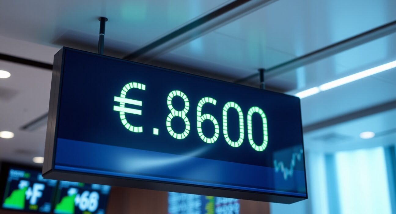 EUR/GBP exchange rate at 0.8600 on a digital trading screen in a financial news studio