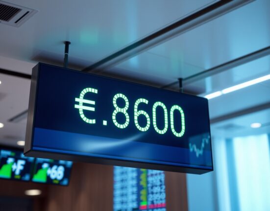EUR/GBP exchange rate at 0.8600 on a digital trading screen in a financial news studio
