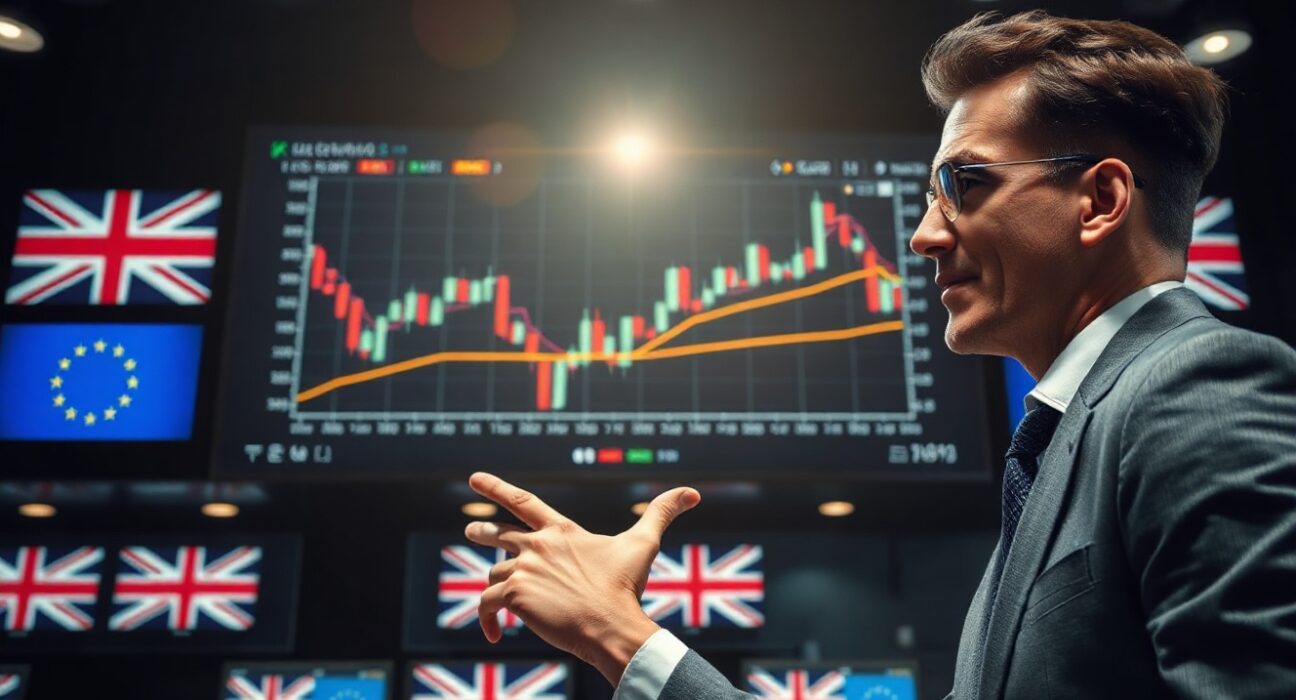 Financial analyst pointing at EUR/GBP chart showing bullish divergence on trading floor monitors