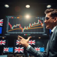 Financial analyst pointing at EUR/GBP chart showing bullish divergence on trading floor monitors