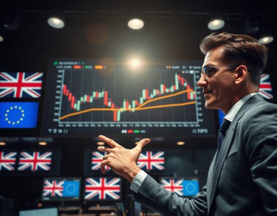 Financial analyst pointing at EUR/GBP chart showing bullish divergence on trading floor monitors