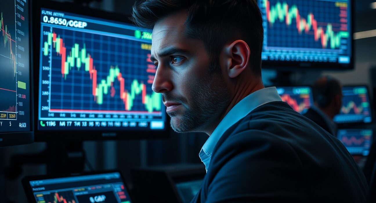 Forex trader monitors EUR/GBP chart near 0.8650 level on trading floor