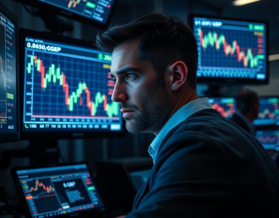 Forex trader monitors EUR/GBP chart near 0.8650 level on trading floor
