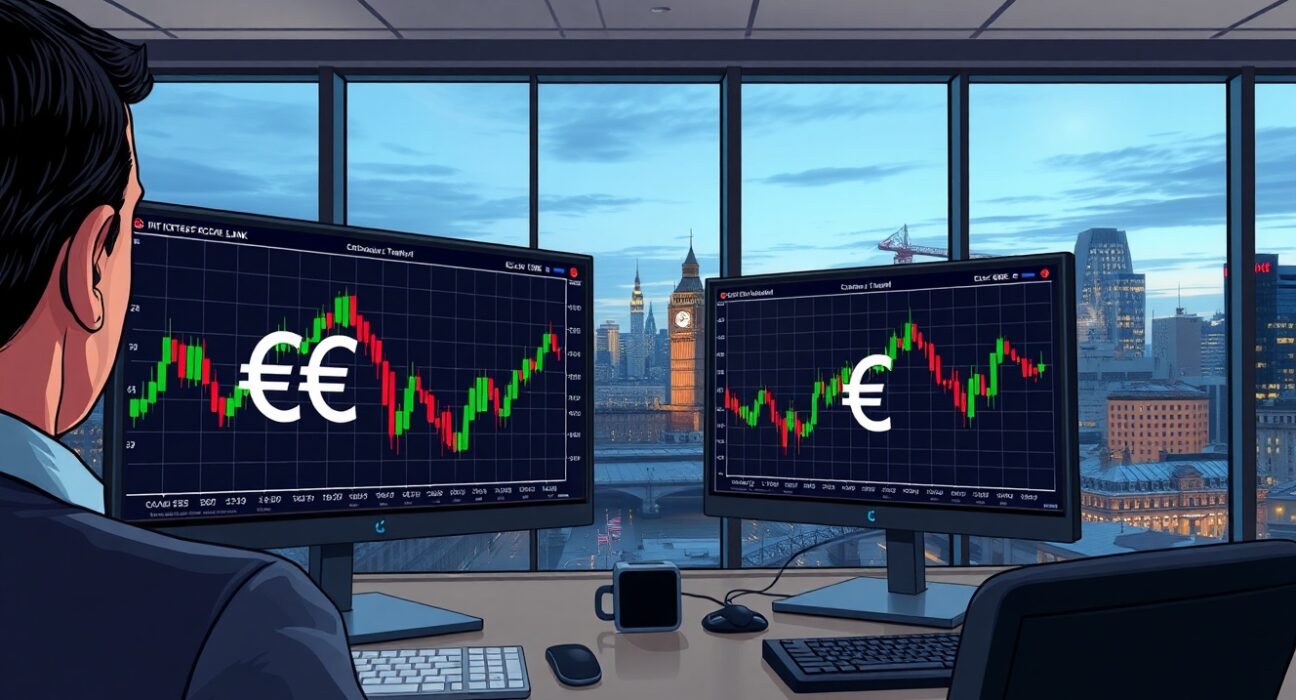 EUR/GBP currency pair chart with ECB and BoE logos on trading monitors in a London financial office