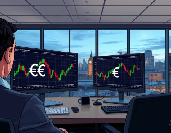 EUR/GBP currency pair chart with ECB and BoE logos on trading monitors in a London financial office