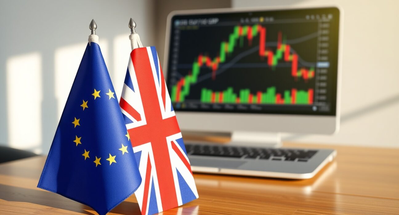 EUR/GBP currency pair analysis with EU and UK flags in trading environment